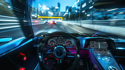 Dynamic night city drive featuring a brightly illuminated highway and sleek modern car interior perspective.