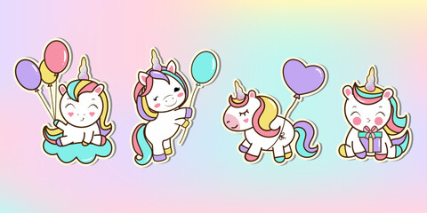 Collection of funny unicorns with balloons. Unicorn stickers set. Birthday concept. Vector illustration
