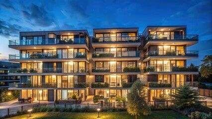 Modern Multi-Story Apartment Building at Dusk with Illuminated Windows