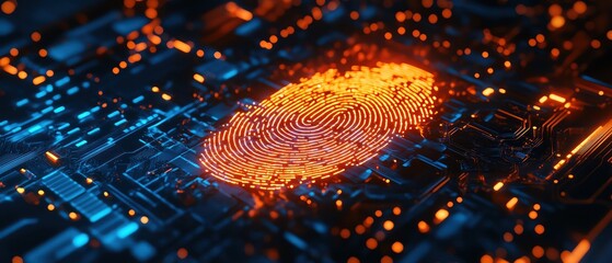 Futuristic fingerprint scanner on a hightech circuit board glowing in orange and blue