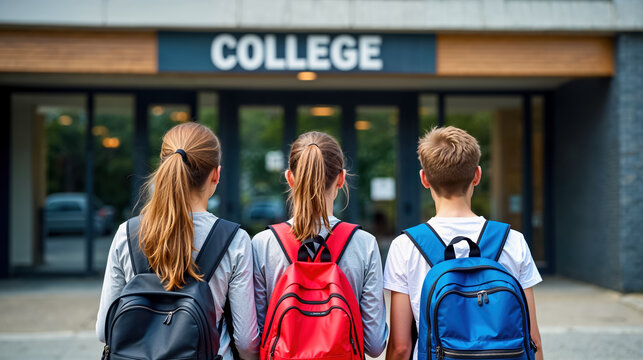 des coll&eacute;giens le jour de la rentr&eacute;e scolaire devant un coll&egrave;ge - vus de dos