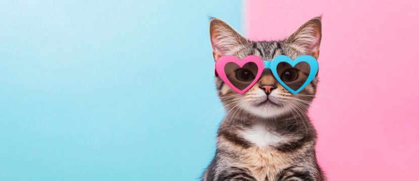 cute cat with heart shaped glasses on pastel background, banner for website design studio, copy space