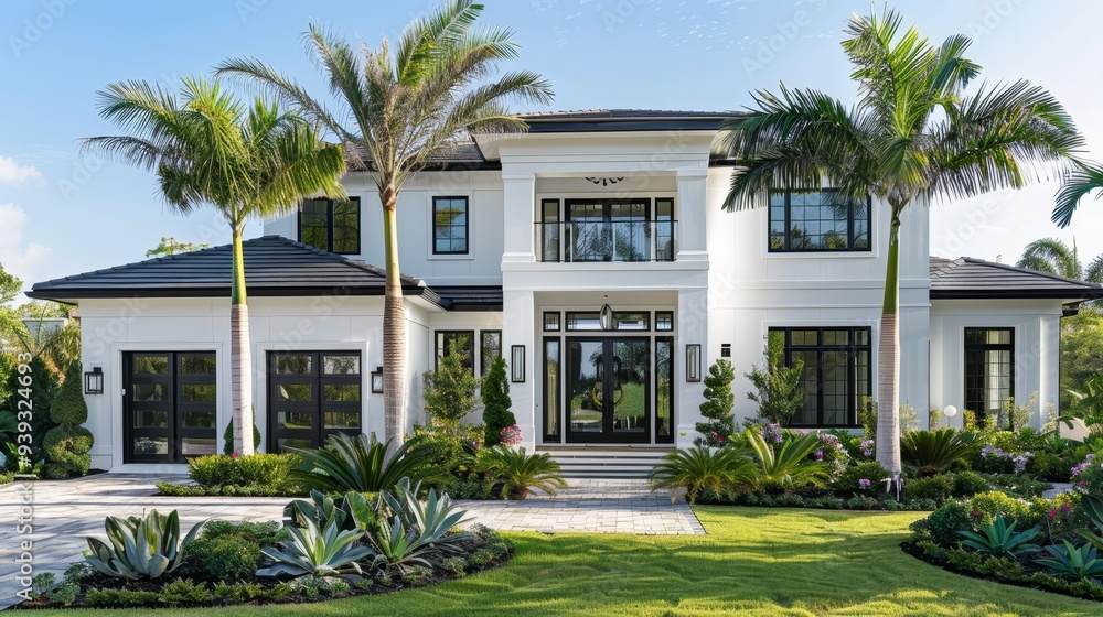 Wall mural This image features an elegant two-story house surrounded by palm trees and a well-maintained garden, under a clear blue sky.