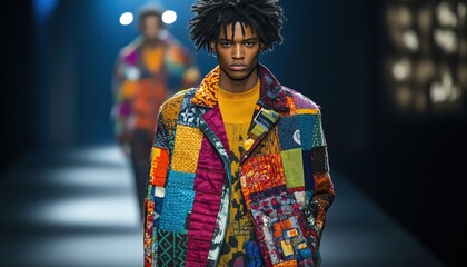 Obraz premium Smart Man model on a runway wearing a vibrant patchwork outfit, blending bold colors and intricate patterns, spotlight highlighting the look