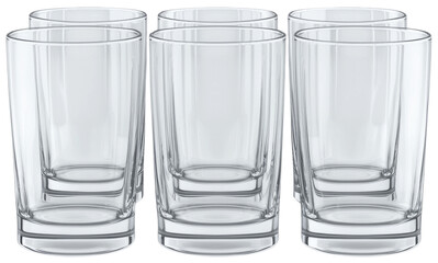 Set of six clear drinking glasses arranged in a visually appealing manner, perfect for showcasing beverages or dining settings. cut out, PNG, isolated on transparent background.