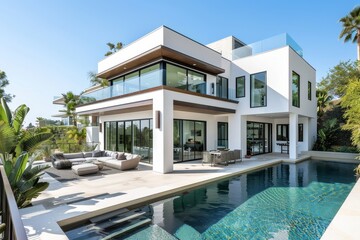 Fototapeta premium Modern two-story house with elegant pool, wood accents, large windows, and glass doors, Canon EOS R5 photo.