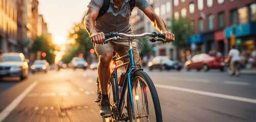 Naklejka premium Cyclist or commuter who travels around the city by bike in summer, goes to work, does errands or shopping