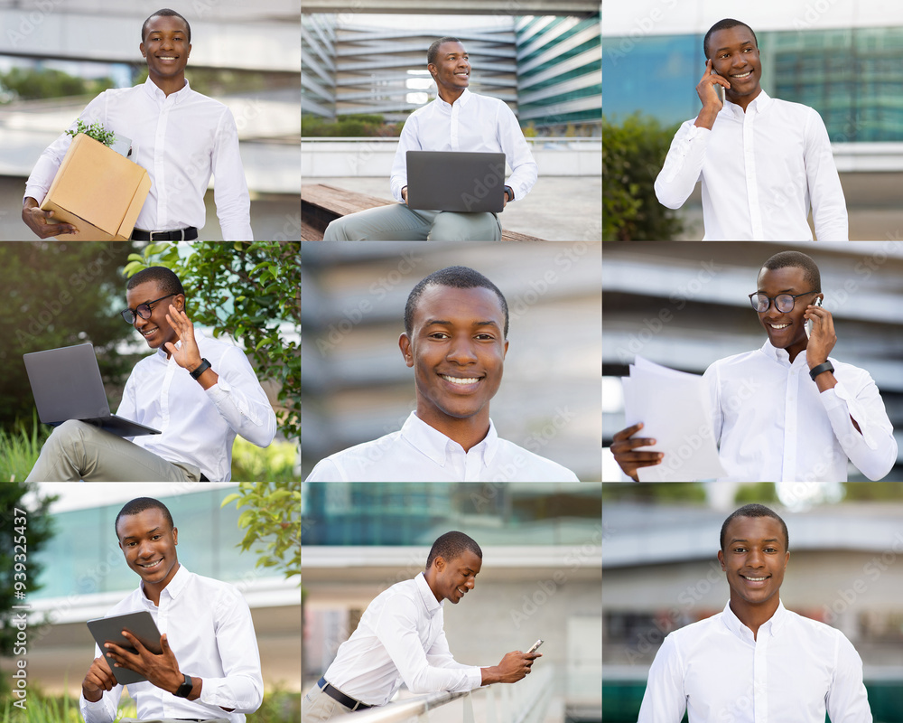 Poster a young black man is seen engaged in multiple activities within a contemporary urban office setting.