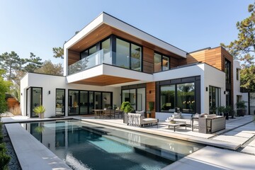 Modern two-story house with elegant pool, wood accents, large windows, and glass doors, Canon EOS R5 photo.