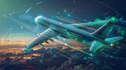 A stunning digital illustration depicts an airplane gracefully soaring over a vibrant cityscape during twilight hours