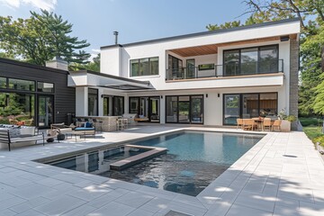 Fototapeta premium Modern two-story house with elegant pool, wood accents, large windows, and glass doors, Canon EOS R5 photo.