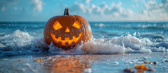 A spooky beach Halloween scene featuring a glowing jack-o'-lantern amidst ocean waves, perfect for seasonal promotions with copy space.