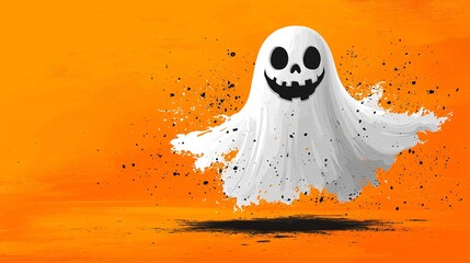 A playful Halloween ghost illustration with an orange background, ideal for seasonal invitations, decorations, and promotions with copy space.