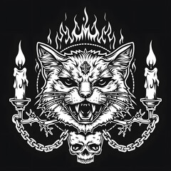 Fototapeta premium Cat head angry chain and candles black and white illustration