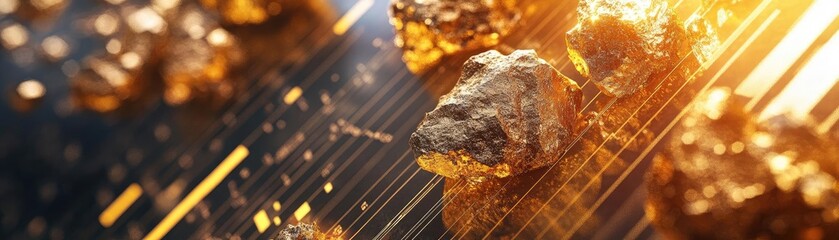 Fototapeta premium Close-up view of shimmering gold nuggets scattered on a reflective surface, capturing light and texture beautifully.