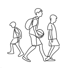 single line vector drawing of three boys schoolchildren with a ball
