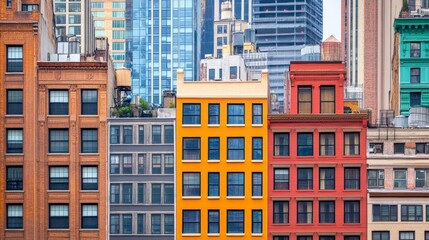 Colorful urban building facades with city skyscrapers in the background. Modern architecture showcasing various colors and designs.