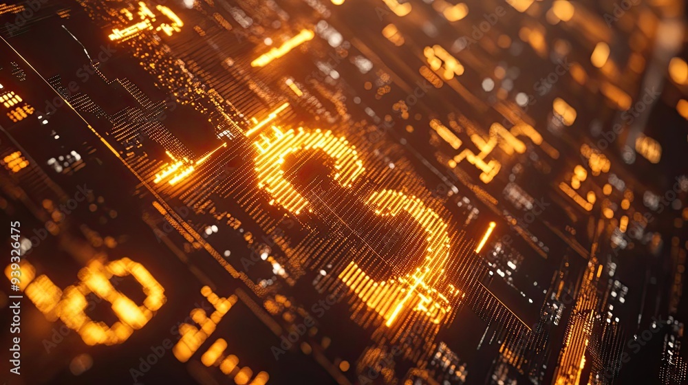 Poster abstract digital background featuring glowing symbols representing technology, finance, and data rep
