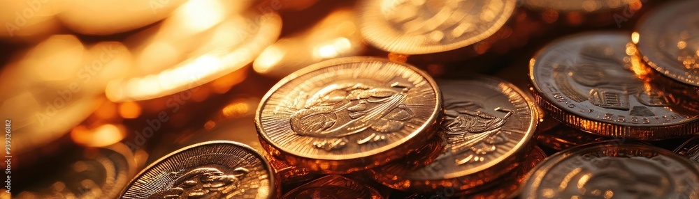 Aufkleber a close-up view of shiny golden coins scattered on a surface, reflecting light and creating a rich, 