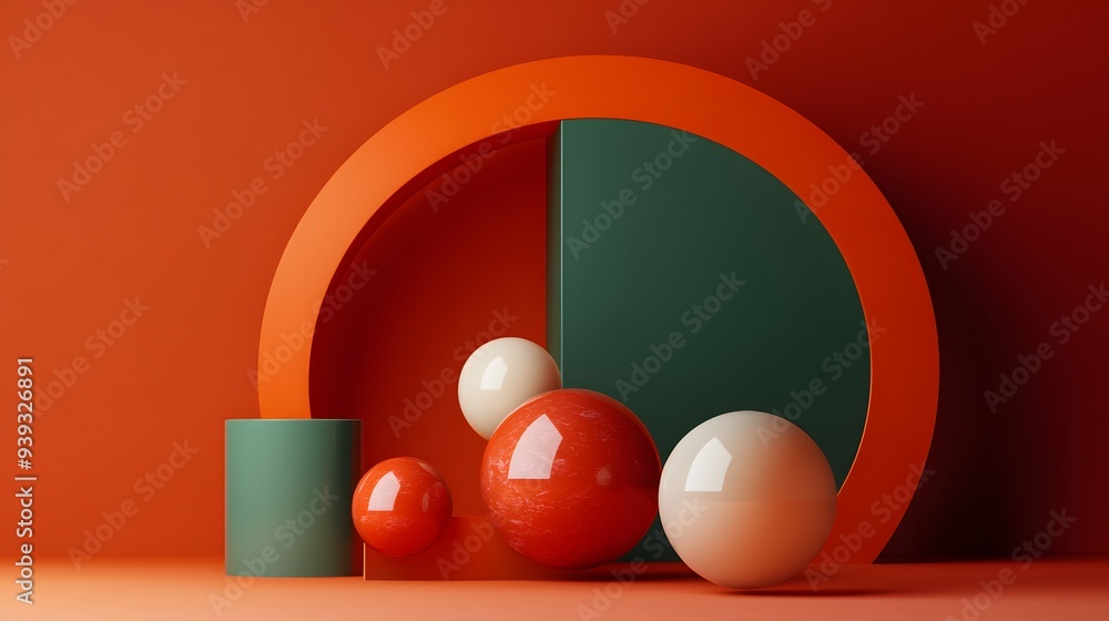 Poster 76. dynamic 3d render of geometric figures with a rich ceramic circle backdrop
