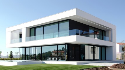 This contemporary cubic house features large glass windows and is set against a clear blue sky with...