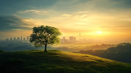 Obraz premium A lone tree stands on a grassy hilltop overlooking a distant city skyline at sunrise.