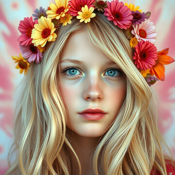 Flower Girl. Portrait of a blond 1960s hippie girl with long, flowing hair adorned with a variety of colorful flowers.
