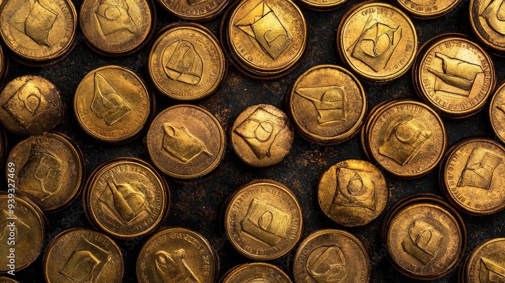 Poster a collection of shiny golden coins arranged in a captivating pattern, showcasing intricate designs a