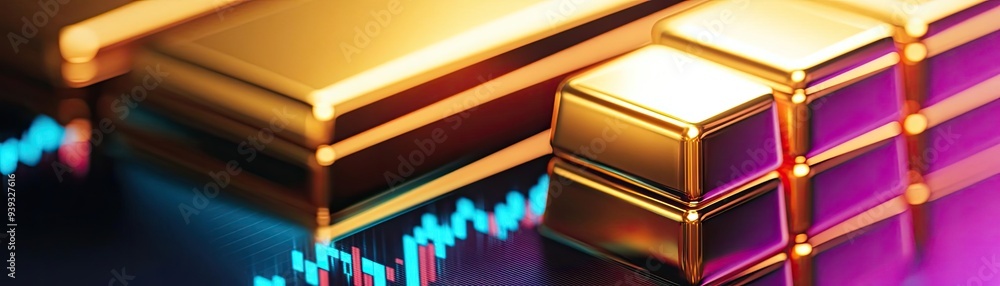 Poster shiny gold bars stacked on a digital background featuring a trading graph, symbolizing wealth and in