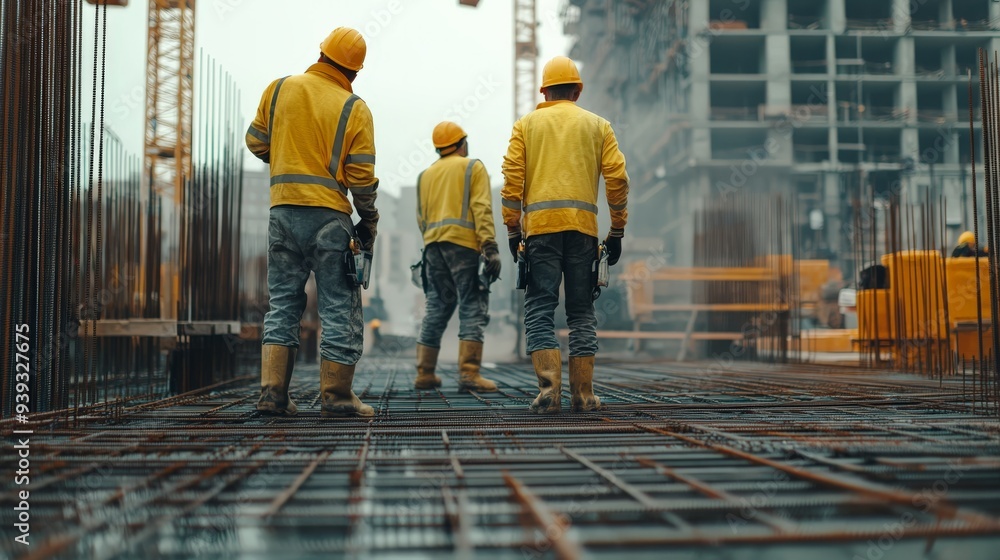 Poster construction workers in safety gear on a building site, focusing on teamwork and progress, with cran