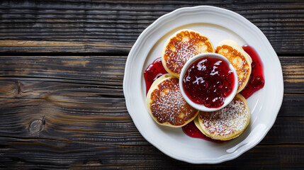Delicious and comforting: cottage cheese pancakes with powdered sugar and jam on a rustic wooden table