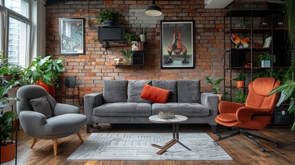 A Serene Living Space: Embracing Comfort with Cozy Chairs and Lush Greenery Against a Stylish Brick Wall