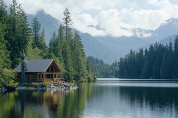 Fototapeta premium A cabin is on a lake with a view of mountains. The cabin is surrounded by trees and the water is calm.