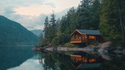 A cabin is on a lake with a view of mountains. The cabin is surrounded by trees and the water is calm.