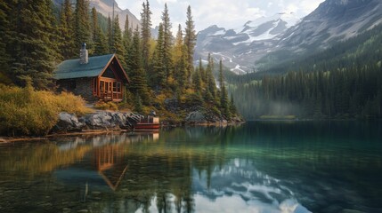 Fototapeta premium A cabin is on a lake with a view of mountains. The cabin is surrounded by trees and the water is calm.