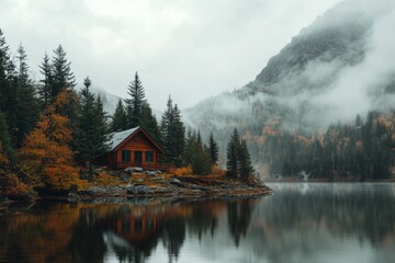 Fototapeta premium A cabin is on a lake with a view of mountains. The cabin is surrounded by trees and the water is calm.