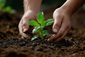 This close-up image showcases the detailed and nurturing act of a person planting a sapling in fertile soil, representing growth, care, and environmental responsibility.