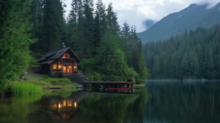 Obraz premium A cabin is on a lake with a view of mountains. The cabin is surrounded by trees and the water is calm.