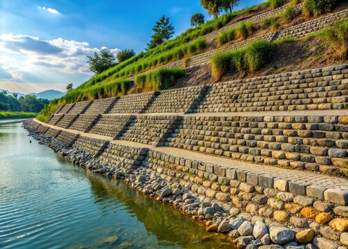 Rugged talud constructed from durable concrete and stone masonry effectively shields riverbank from erosion, protecting land and preventing loss of fertile soil.