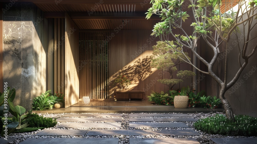 Canvas Prints A serene, Japanese-inspired courtyard featuring a carefully pruned bonsai tree, a stone path, and subtle natural lighting, perfect for meditation and relaxation.