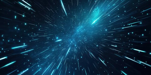 Fototapeta premium Abstract blue light streaks and particles on a black background, creating a sense of speed and movement.