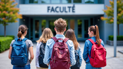 un groupe d'étudiants devant l'entrée de la faculté le jour de la rentrée scolaires