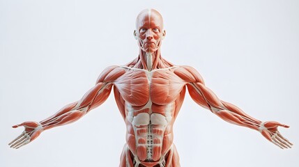 Muscular System with Skin Transparencies: A semi-transparent view of the human body, showing the muscular system beneath the skin for a detailed anatomical study.
