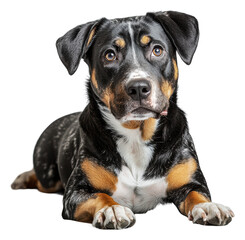 PNG A playful dog resting on a white background