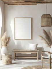 Wall art mockup din ratio blank white canvas framed in oak wood, minimal clean chic interior, Mediterranean villa style interior modern European minimal ibiza vibes