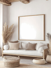 Wall art mockup din ratio blank white canvas framed in oak wood, minimal clean chic interior, Mediterranean villa style interior modern European minimal ibiza vibes