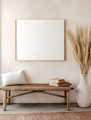 Wall art mockup din ratio blank white canvas framed in oak wood, minimal clean chic interior, Mediterranean villa style interior modern European minimal ibiza vibes