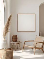 Wall art mockup din ratio blank white canvas framed in oak wood, minimal clean chic interior, Mediterranean villa style interior modern European minimal ibiza vibes
