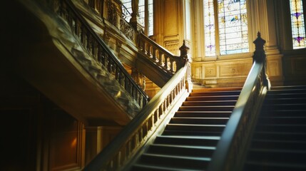 Obraz premium Elegant staircase in a grand mansion with ornate wooden railings and large stained glass windows, bathed in warm natural light.