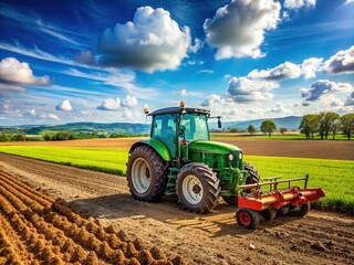 Obraz premium A large tractor, equipped with plowing equipment, works efficiently in a lush green field on a sunny day, cultivating the soil for new crops.